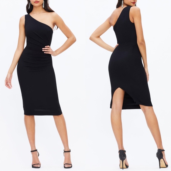 NEW DRESS THE POPULATION Black MARTINE Stretch Crepe ONE SHOULDER Midi DRESS S - Picture 1 of 12